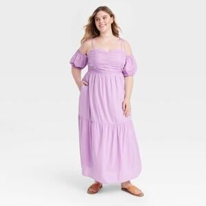 Universal Thread Women's Puff Short Sleeve A-Line Dress - Purple Size 1X